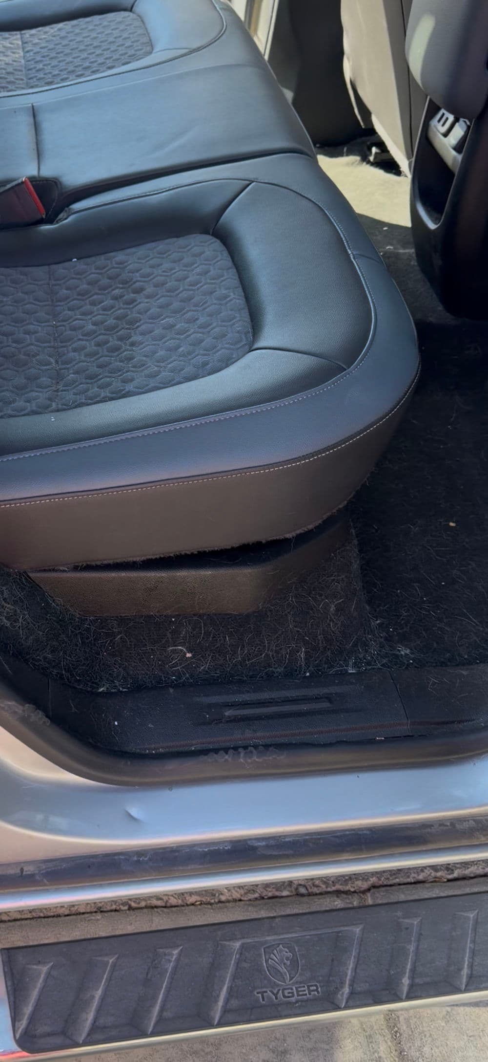 Car interior showing a driver's seat with pet hair on the floor mat.
